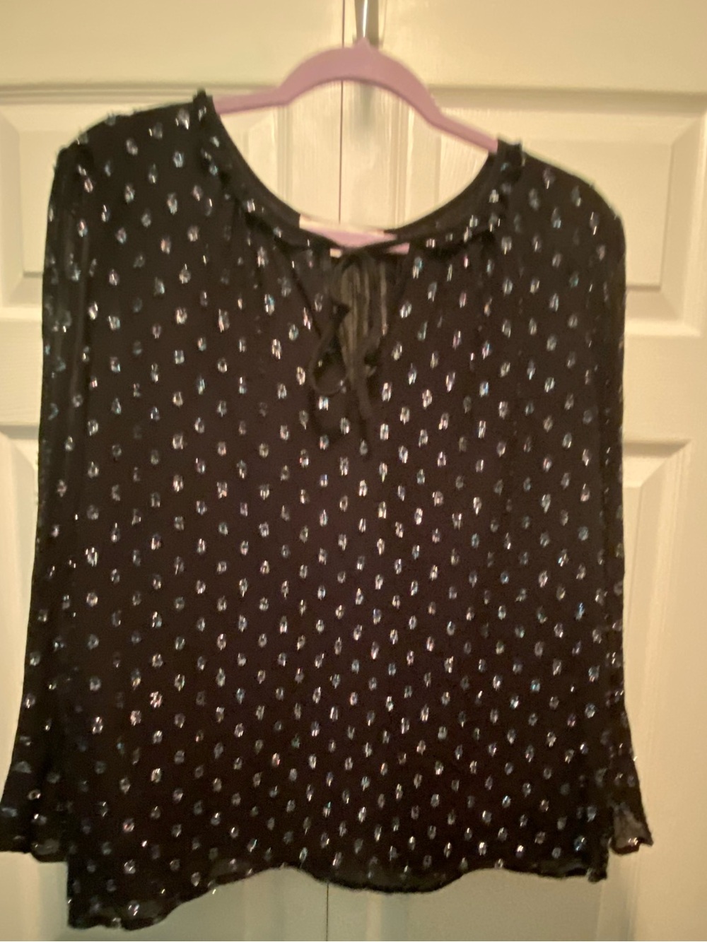LOFT  Black Peasant Long Sleeve Blouse with metallic color dots Size Large
